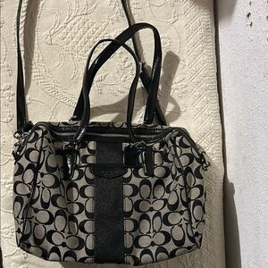Coach Black and Gray Shoulder Bag with Monogram Pattern
